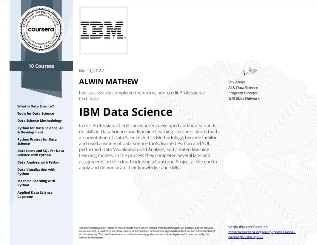 my ibm data science professional certificate